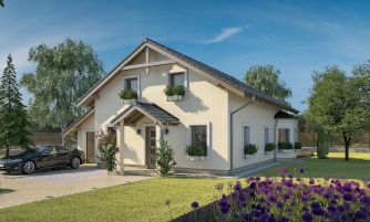 Casa mansardata con un'abside e un garage.